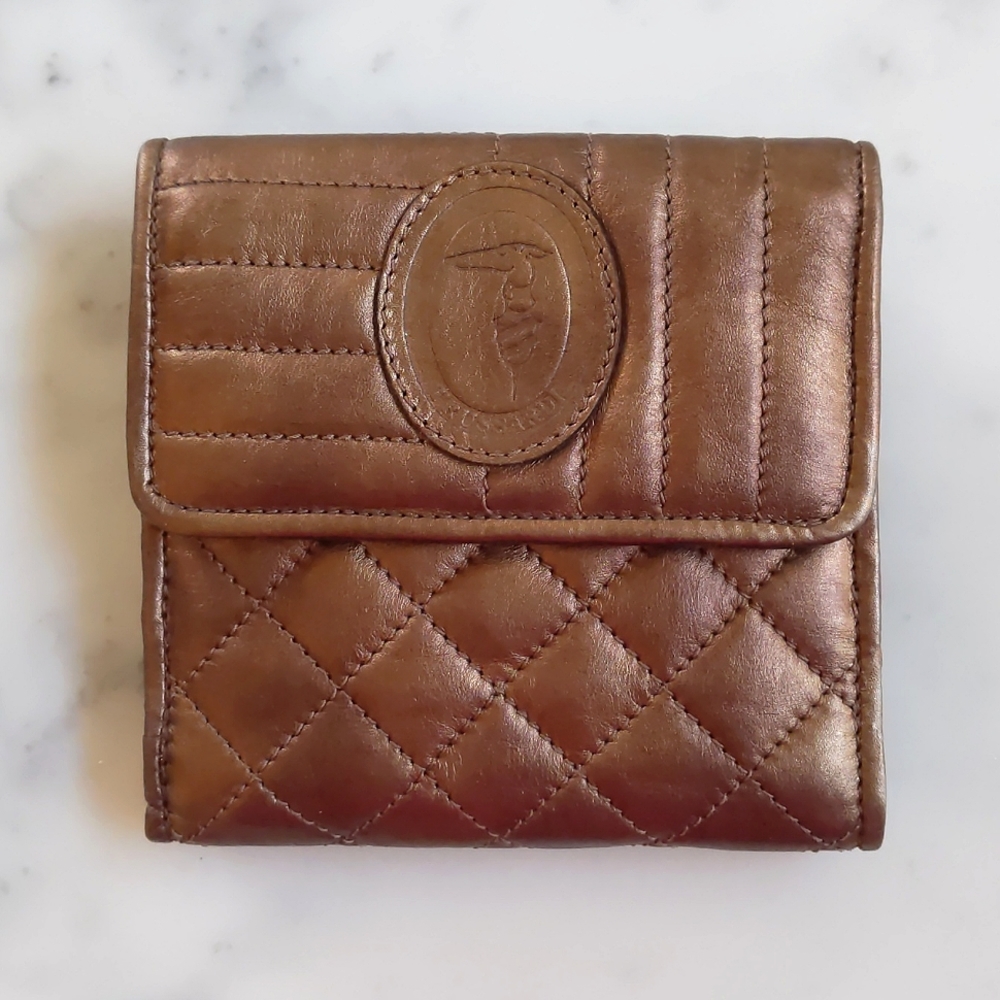 NWT. Trussardi Bronze Quilted 100% Calf Skin Wallet. Made in Italy.